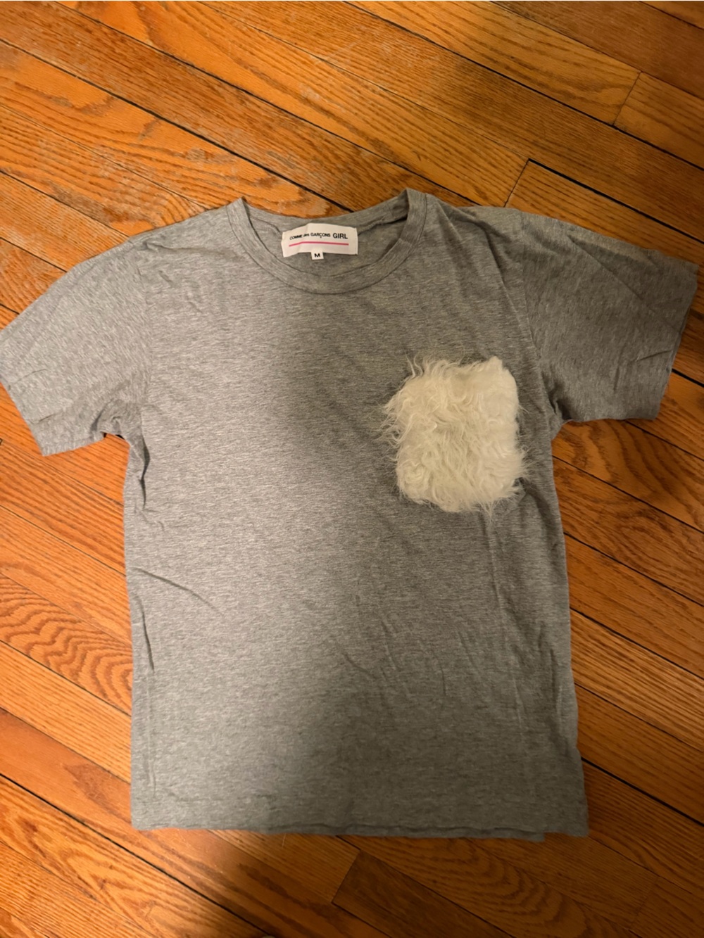 **RARE**Comme des garçons grey tshirt with White Faux Fur Patch pocket